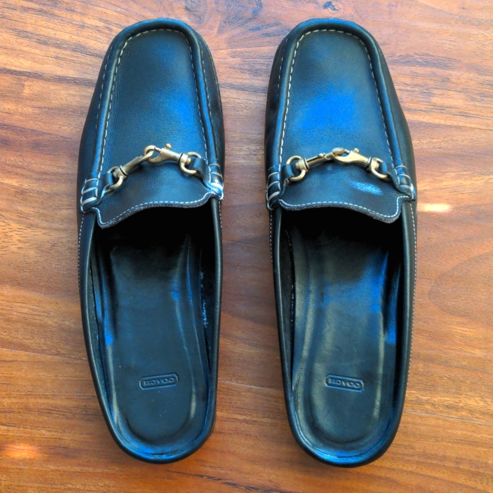 Coach Black Calf leather mules with horse bit hardware, size 9.5
